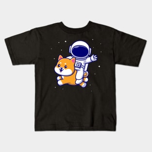 Cute Astronaut Flying With Shiba Inu Dog In Space Cartoon Kids T-Shirt